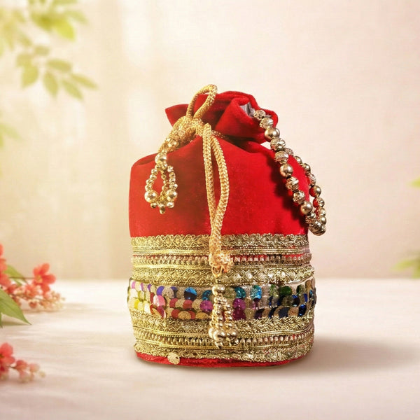 JS Fashion Silk Designer Potli Bag with Golden Embroidery & Pearl Handle