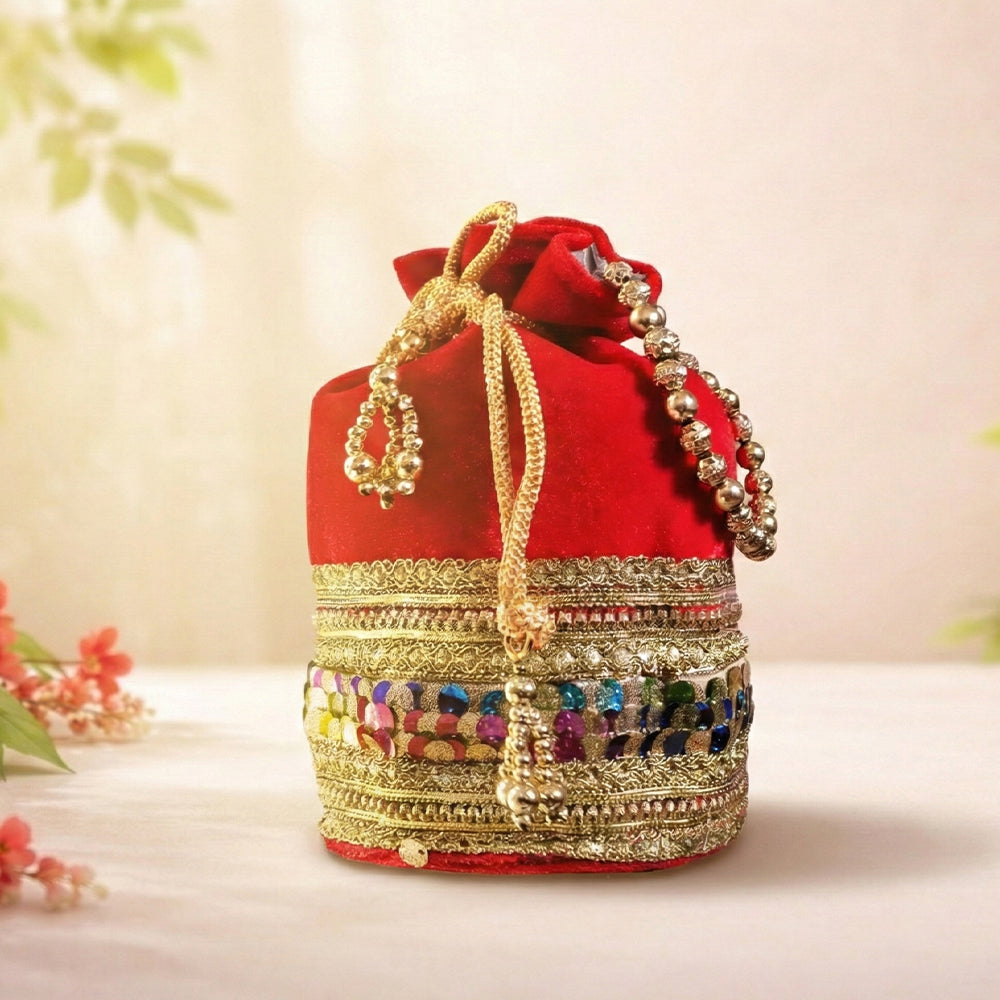 JS Fashion Silk Designer Potli Bag with Golden Embroidery & Pearl Handle