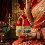 Thumbnail for JS Fashion Silk Designer Potli Bag with Golden Embroidery & Pearl Handle