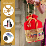 Thumbnail for JS Fashion Silk Designer Potli Bag with Golden Embroidery & Pearl Handle