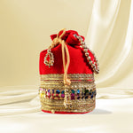 Thumbnail for JS Fashion Silk Designer Potli Bag with Golden Embroidery & Pearl Handle