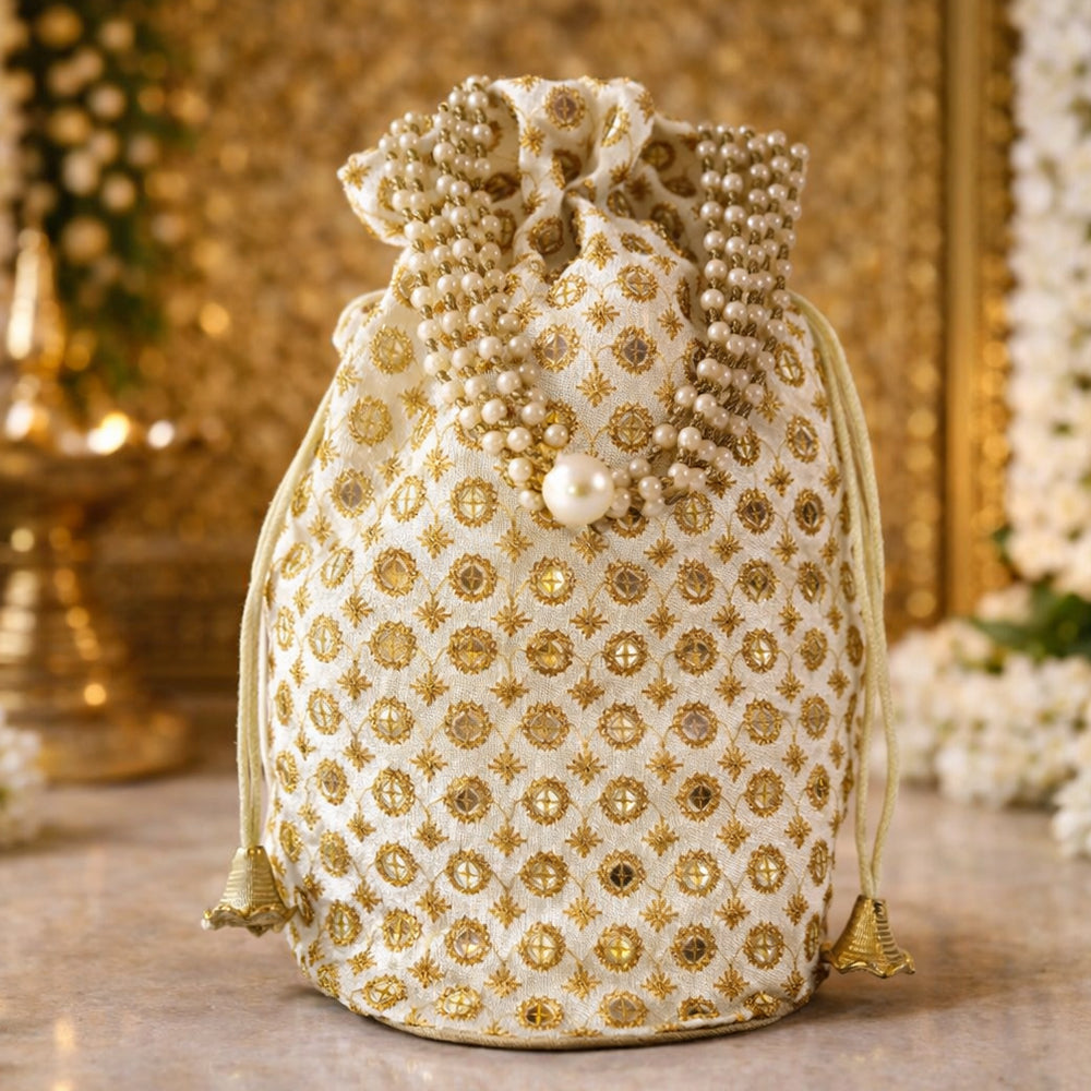JS Fashion Cream & Gold Embroidered Potli Bag with Bead Work - Dista
