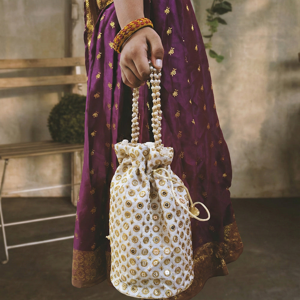 JS Fashion Cream & Gold Embroidered Potli Bag with Bead Work - Dista