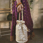 Thumbnail for JS Fashion Cream & Gold Embroidered Potli Bag with Bead Work - Dista