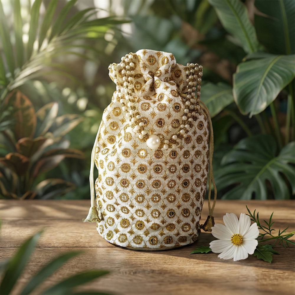 JS Fashion Cream & Gold Embroidered Potli Bag with Bead Work