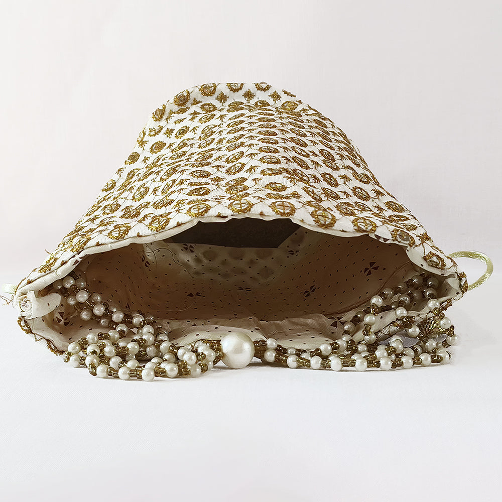 JS Fashion Cream & Gold Embroidered Potli Bag with Bead Work - Dista