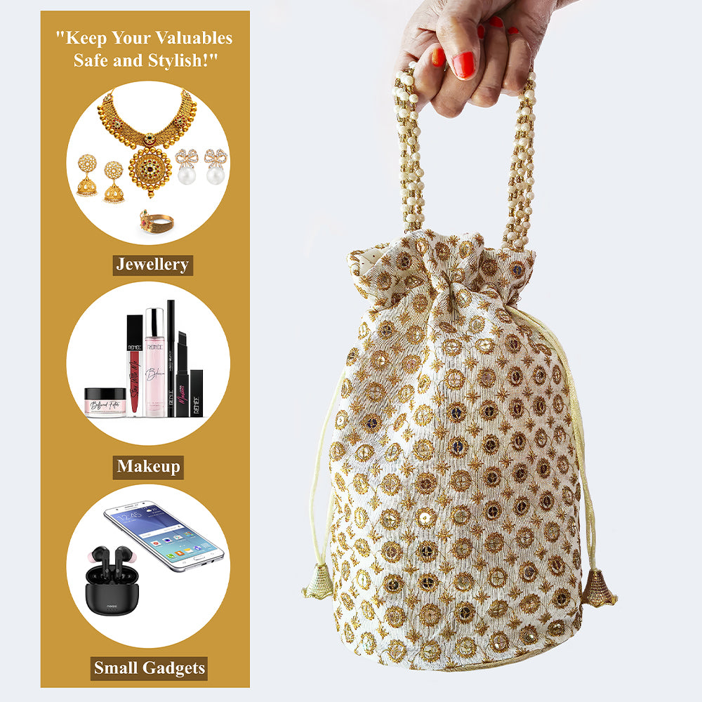 JS Fashion Cream & Gold Embroidered Potli Bag with Bead Work - Dista