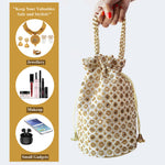 Thumbnail for JS Fashion Cream & Gold Embroidered Potli Bag with Bead Work - Dista