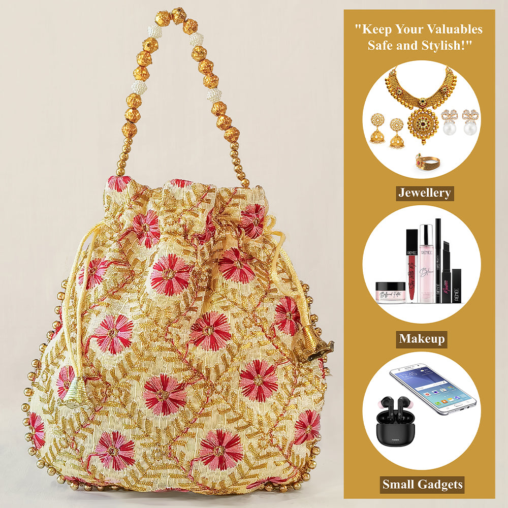JS Fashion Embroidered Handcrafted Wedding Potli Bag with Beads - Dista