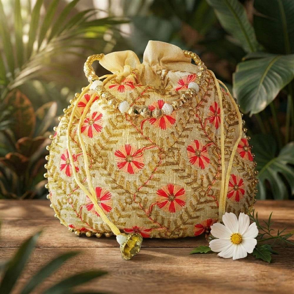 JS Fashion Embroidered Handcrafted Wedding Potli Bag with Beads - Dista