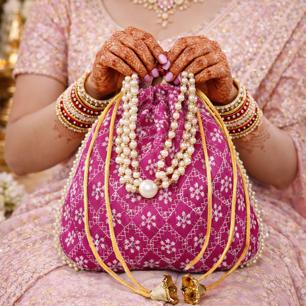 JS Fashion Embroidered Handcrafted Wedding Potli Bag with Beads - Dista