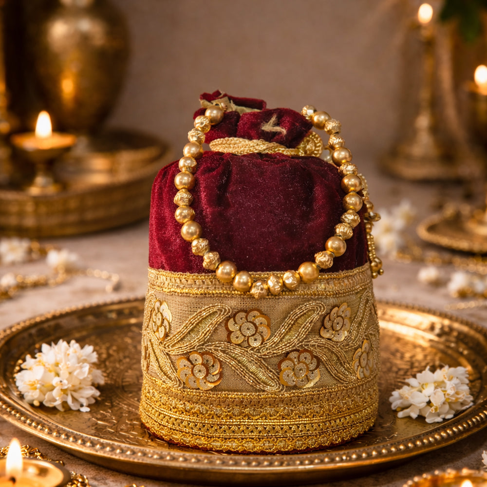 JS Fashion Silk Designer Potli Bag for Women with Golden Embroidery & Pearl Handle