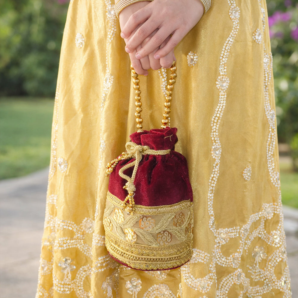 JS Fashion Silk Designer Potli Bag for Women with Golden Embroidery & Pearl Handle - Distacart