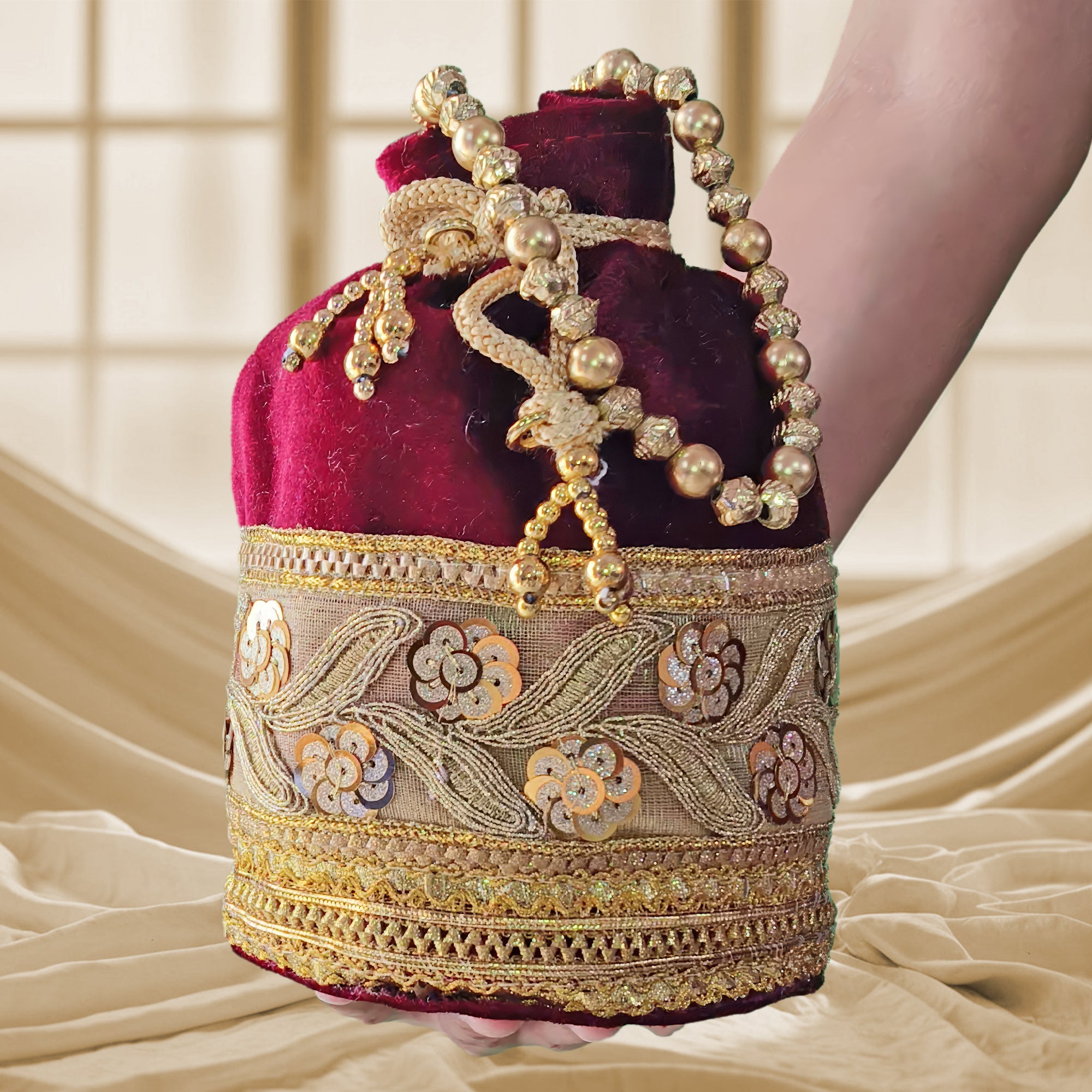 JS Fashion Silk Designer Potli Bag for Women with Golden Embroidery & Pearl Handle - Distacart