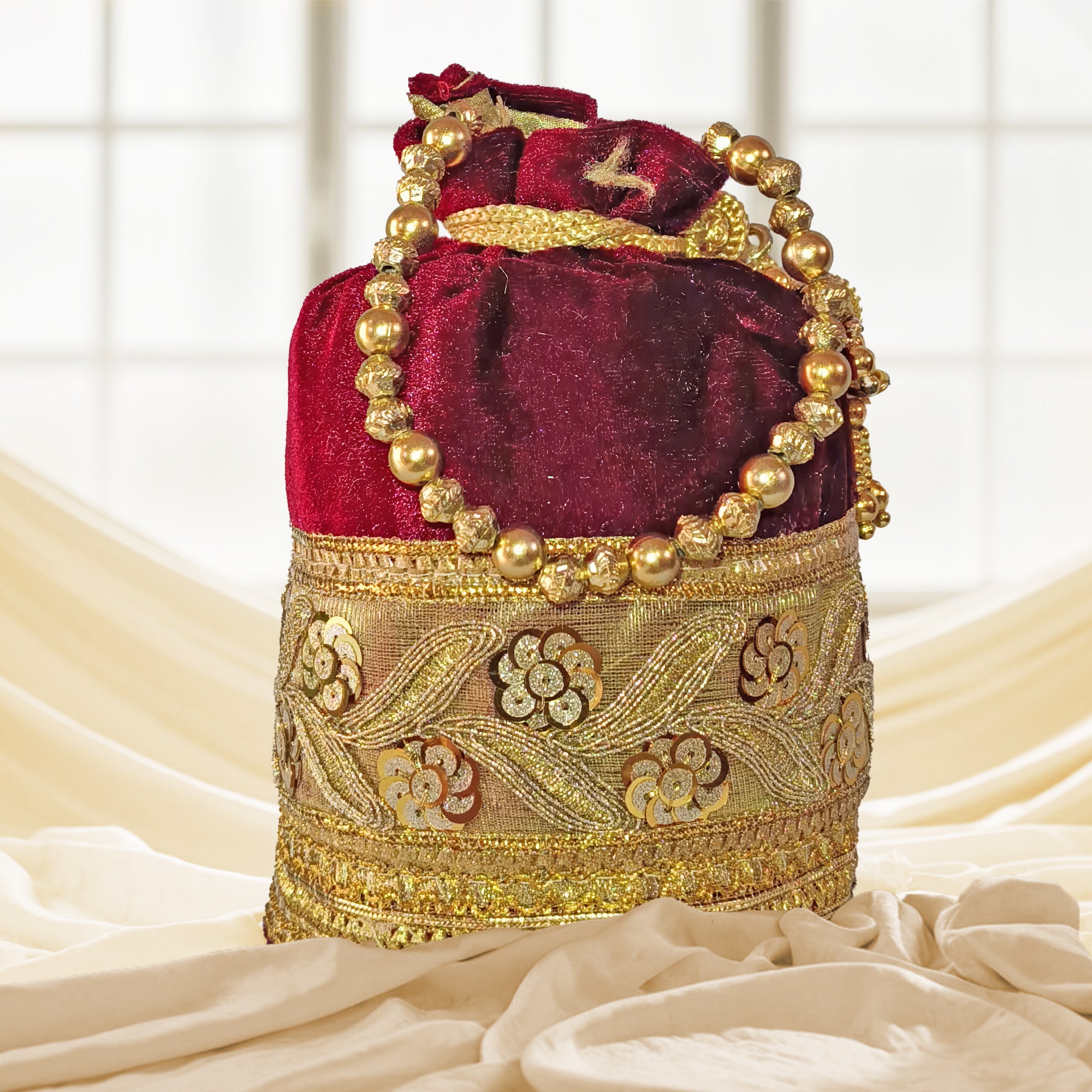 JS Fashion Silk Designer Potli Bag for Women with Golden Embroidery & Pearl Handle - Distacart
