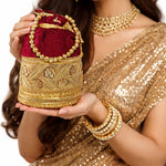 Thumbnail for JS Fashion Silk Designer Potli Bag for Women with Golden Embroidery & Pearl Handle - Distacart