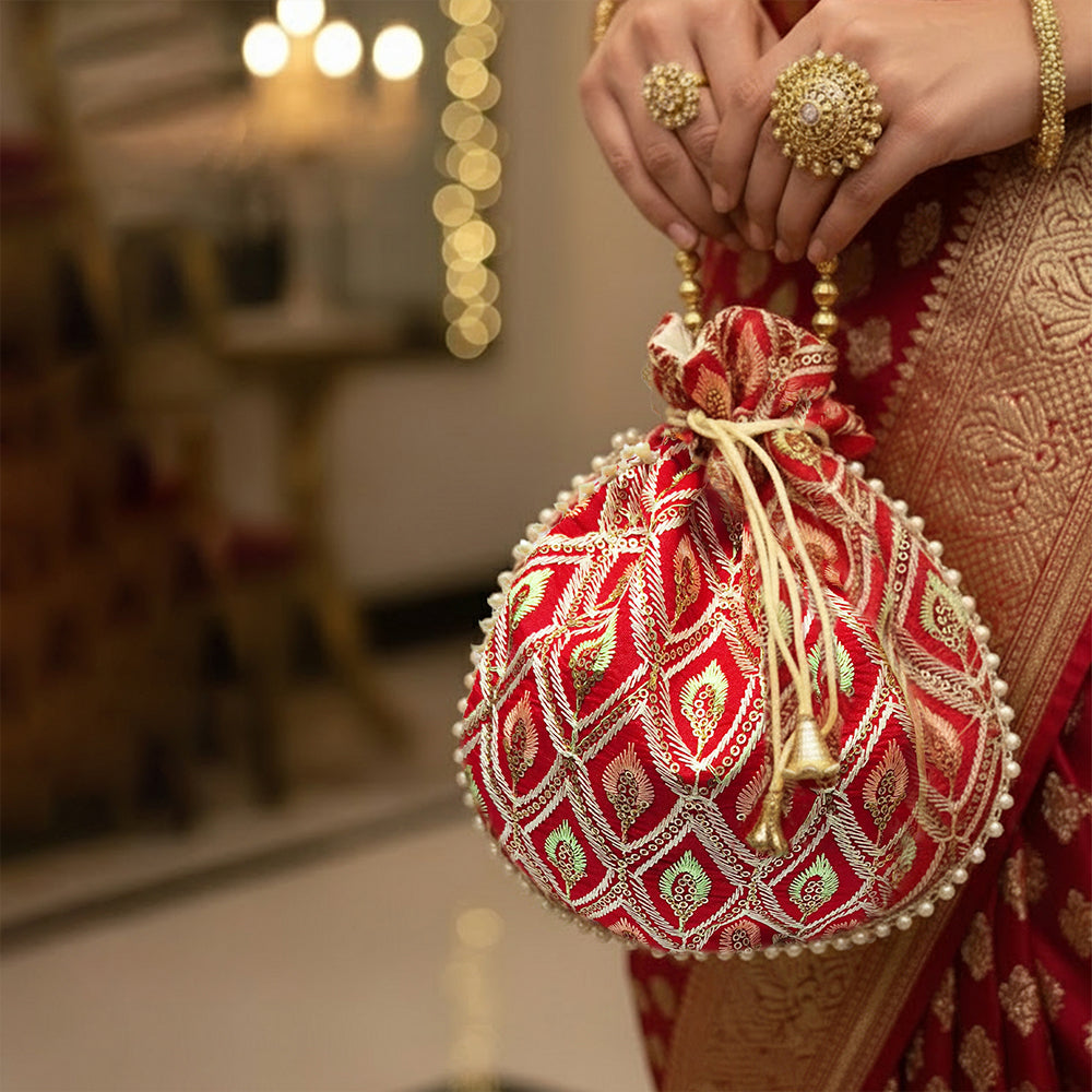 JS Fashion Embroidered Handcrafted Wedding Potli Bag with Beads - Dista