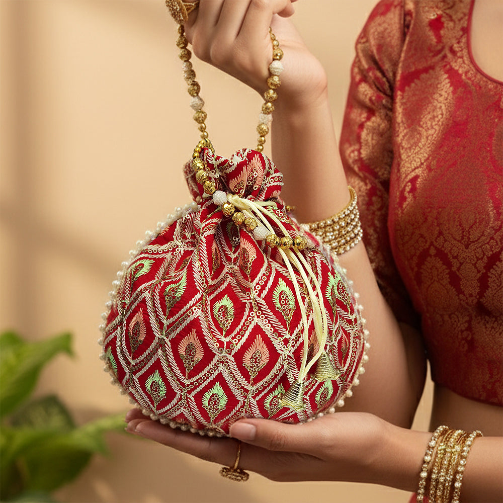 JS Fashion Embroidered Handcrafted Wedding Potli Bag with Beads - Dista