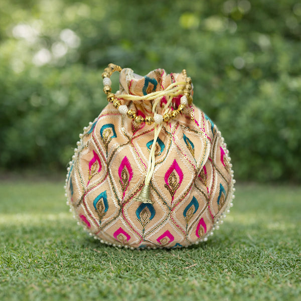 JS Fashion Embroidered Handcrafted Wedding Potli Bag with Beads - Dista