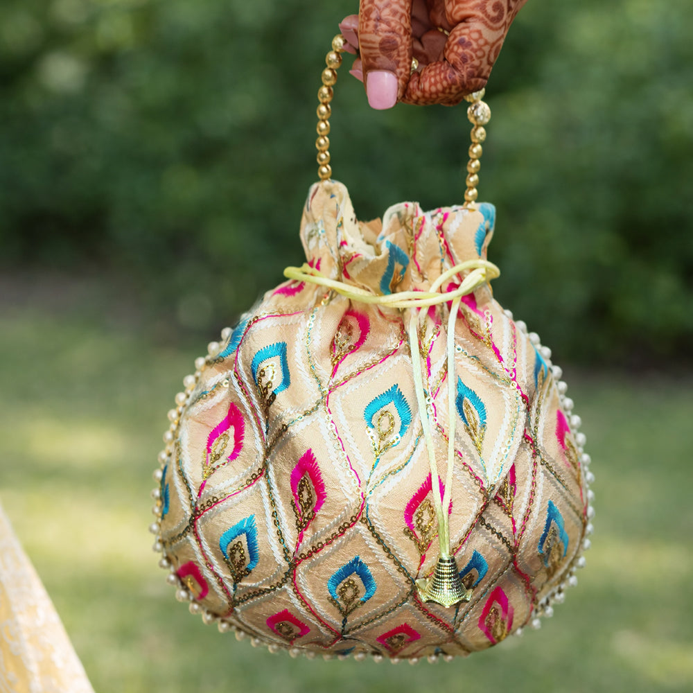 JS Fashion Embroidered Handcrafted Wedding Potli Bag with Beads - Dista