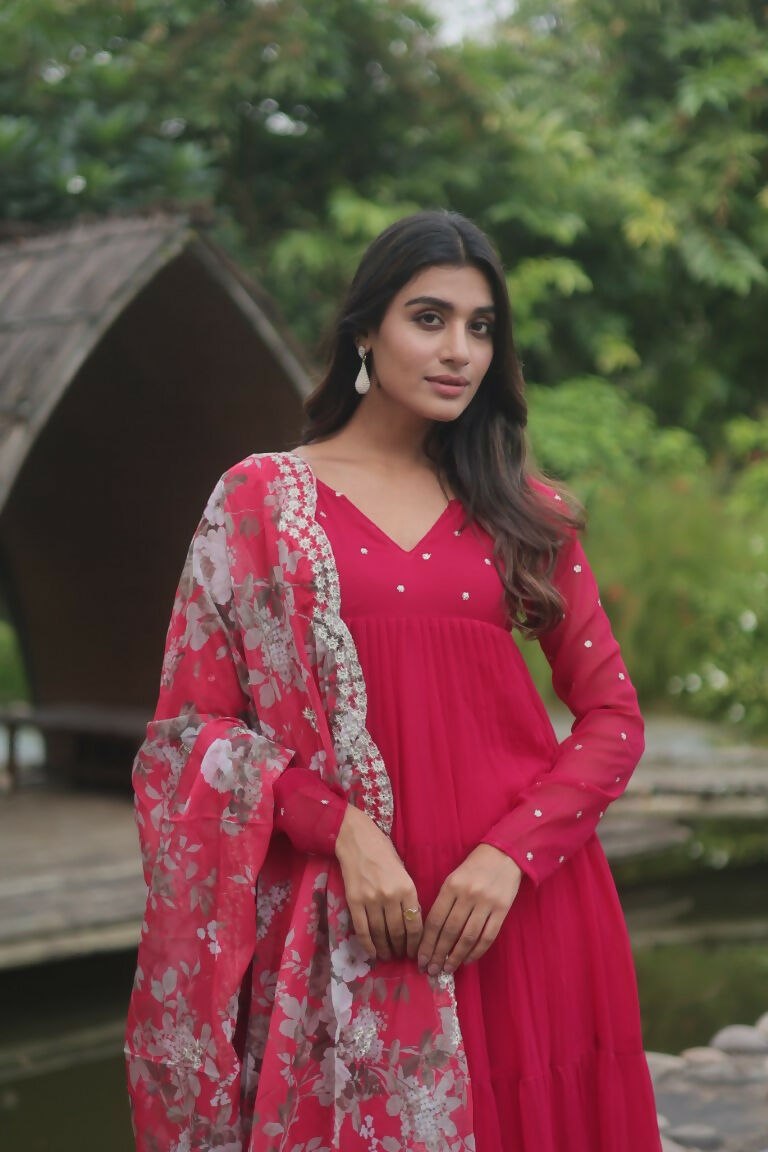 Jyoti Fashion Women's Pink Faux Blooming Butti Work Kurta with Trouser & Dupatta - Distacart