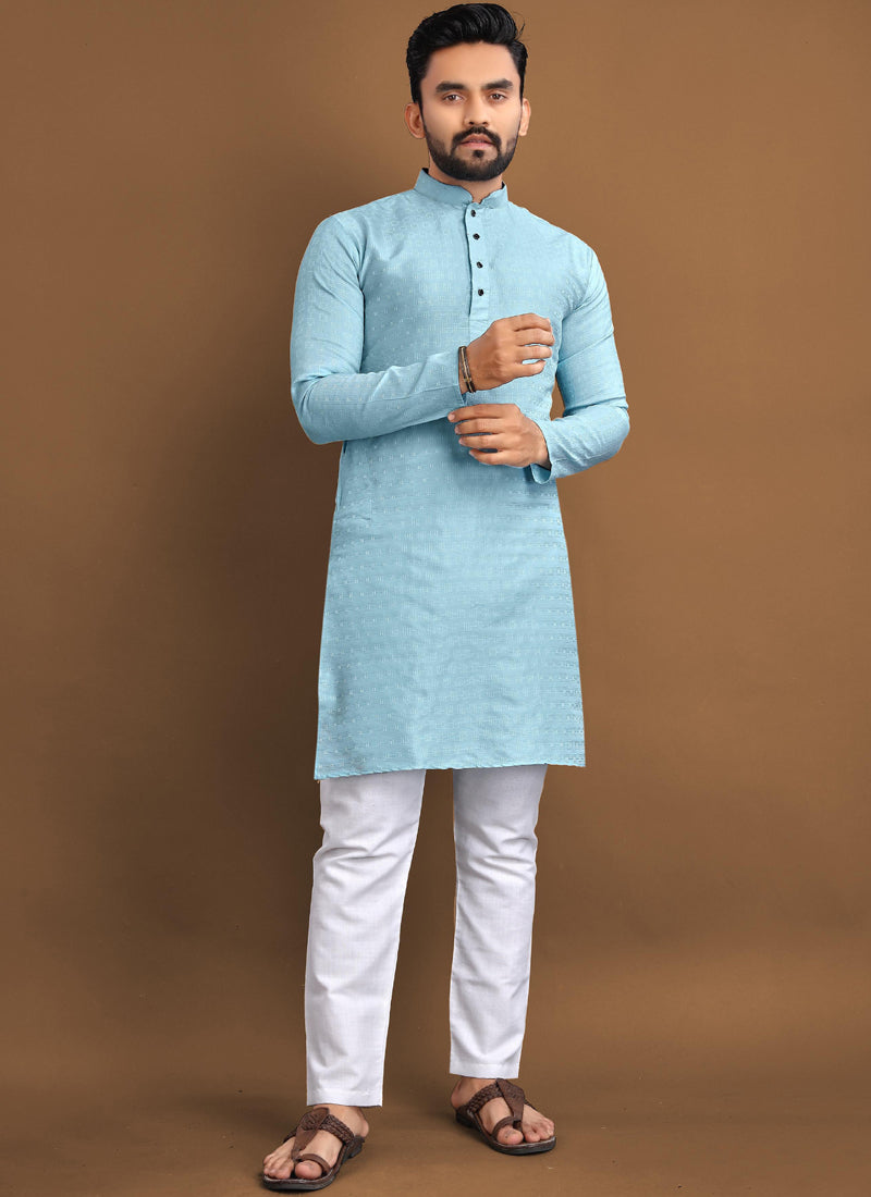 Prazu Fashion Sky Blue Soft Jacquard With Self Buti Kurta - Distacart