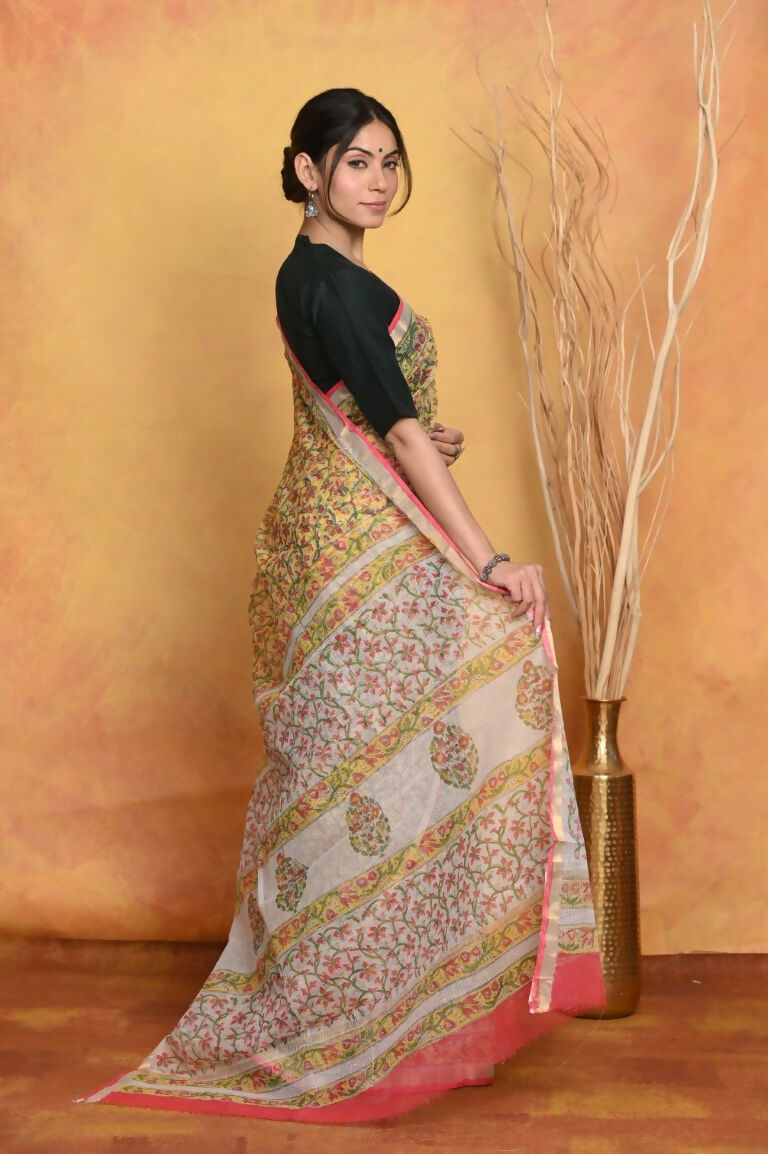 Very Much Indian Pure Kota Cotton Handblock Printed Saree - Yellow - Distacart