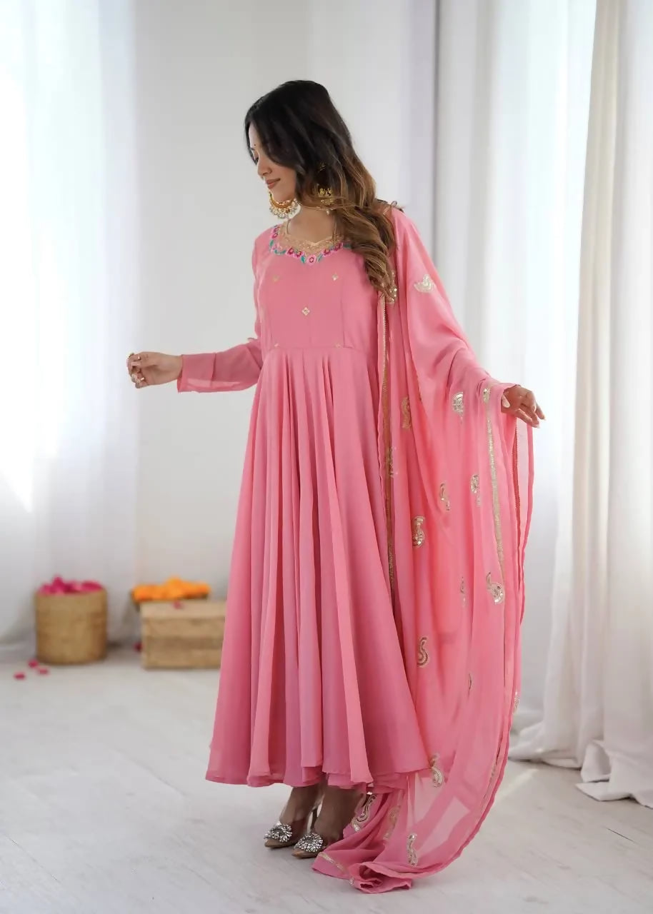 Teeya Creation Pink Georgette Anarkali Suit Set with Dupatta & Pant for Women