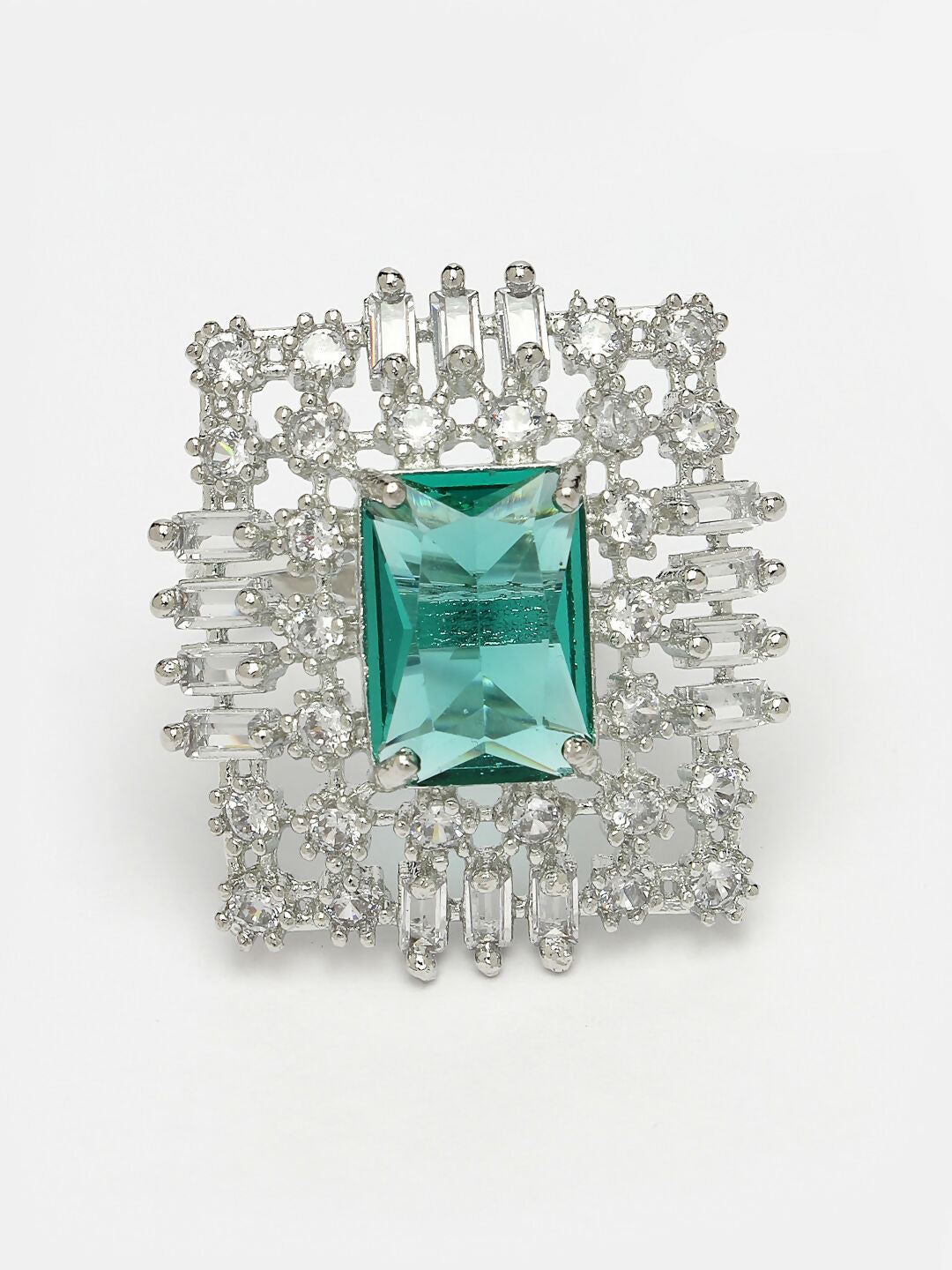 NVR Women's Green & Silver CZ-Studded Square-Shaped Adjustable Finger Ring - Distacart