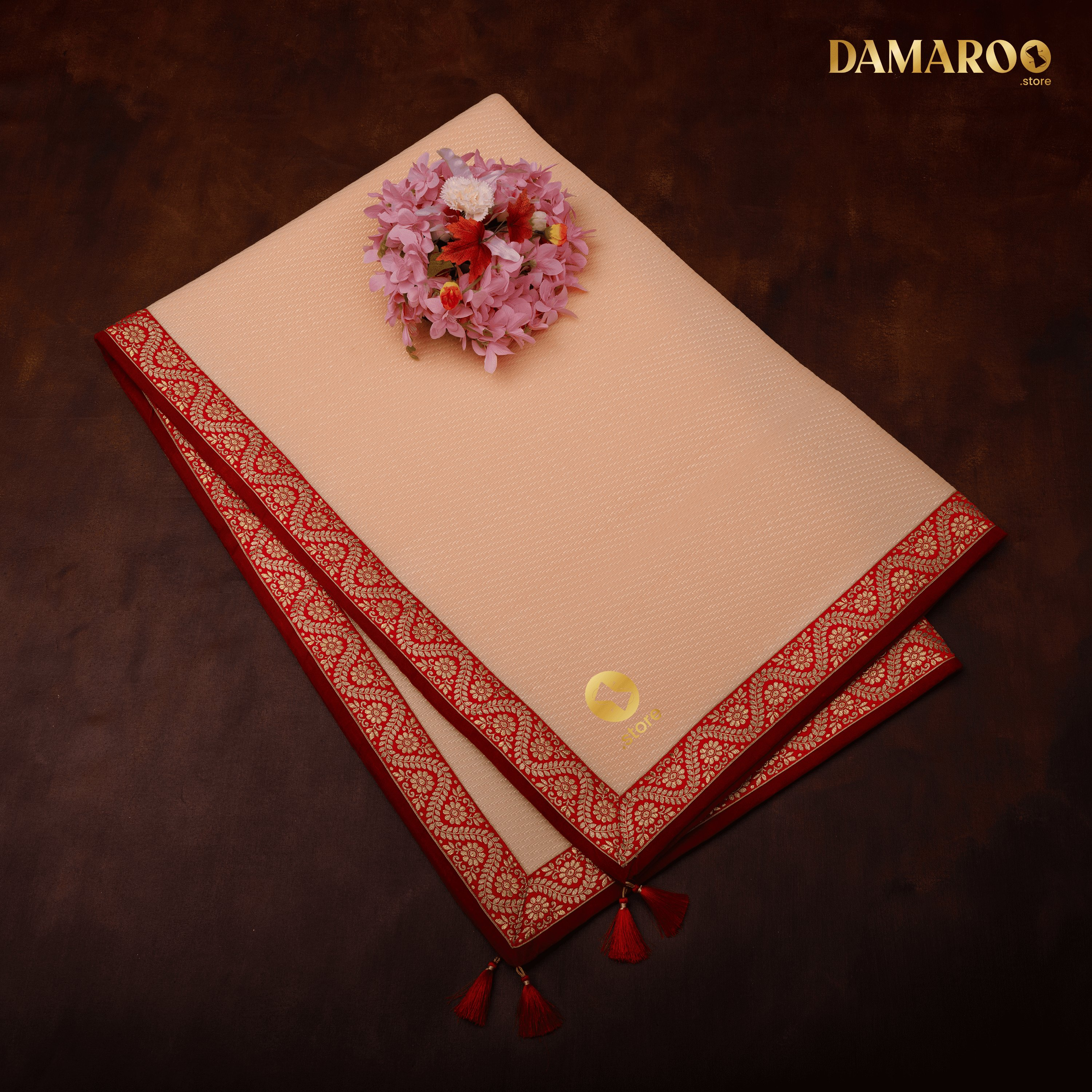 Damaroo 4x6 ft | Graceful Nylon Pooja Mat | Red & Subtle Golden Trim & Tassels - Peach - Distacart
