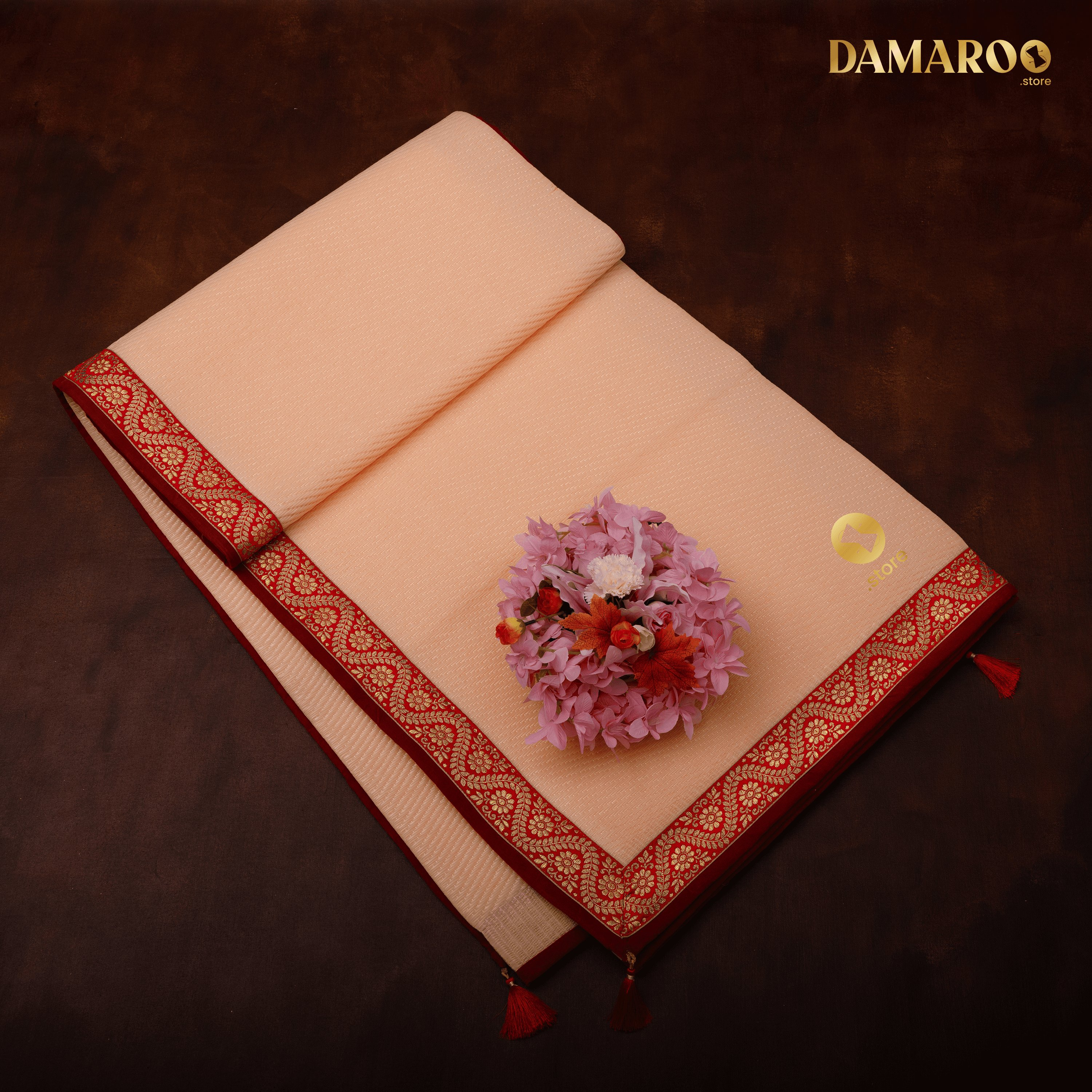 Damaroo 6x8 ft | Graceful Nylon Pooja Mat | Red & Subtle Golden Trim & Tassels - Peach - Distacart