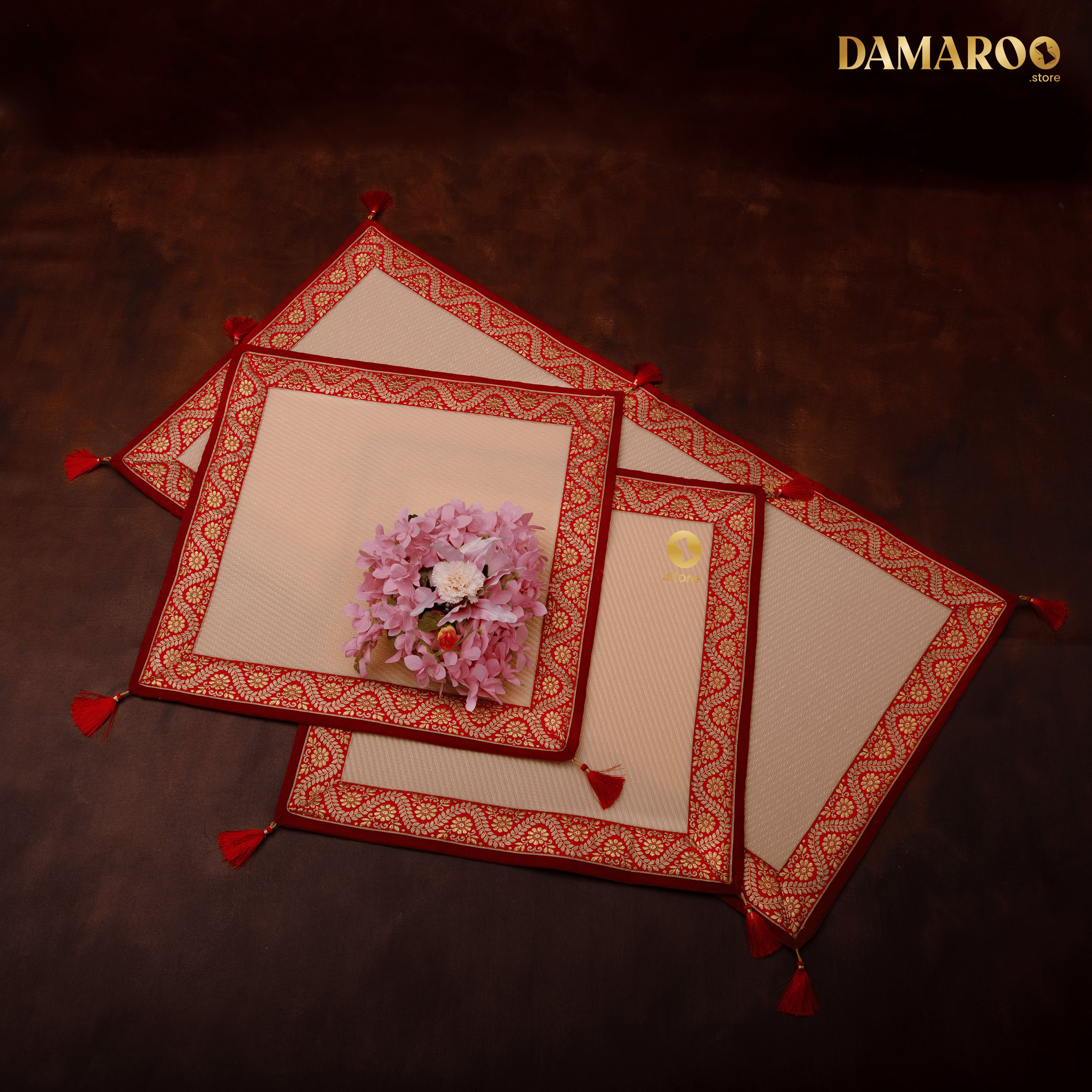 Damaroo Combo Pack of 3 | Graceful Nylon Aasan & Mat | Red & Subtle Golden Trim & Tassels - Peach - Distacart