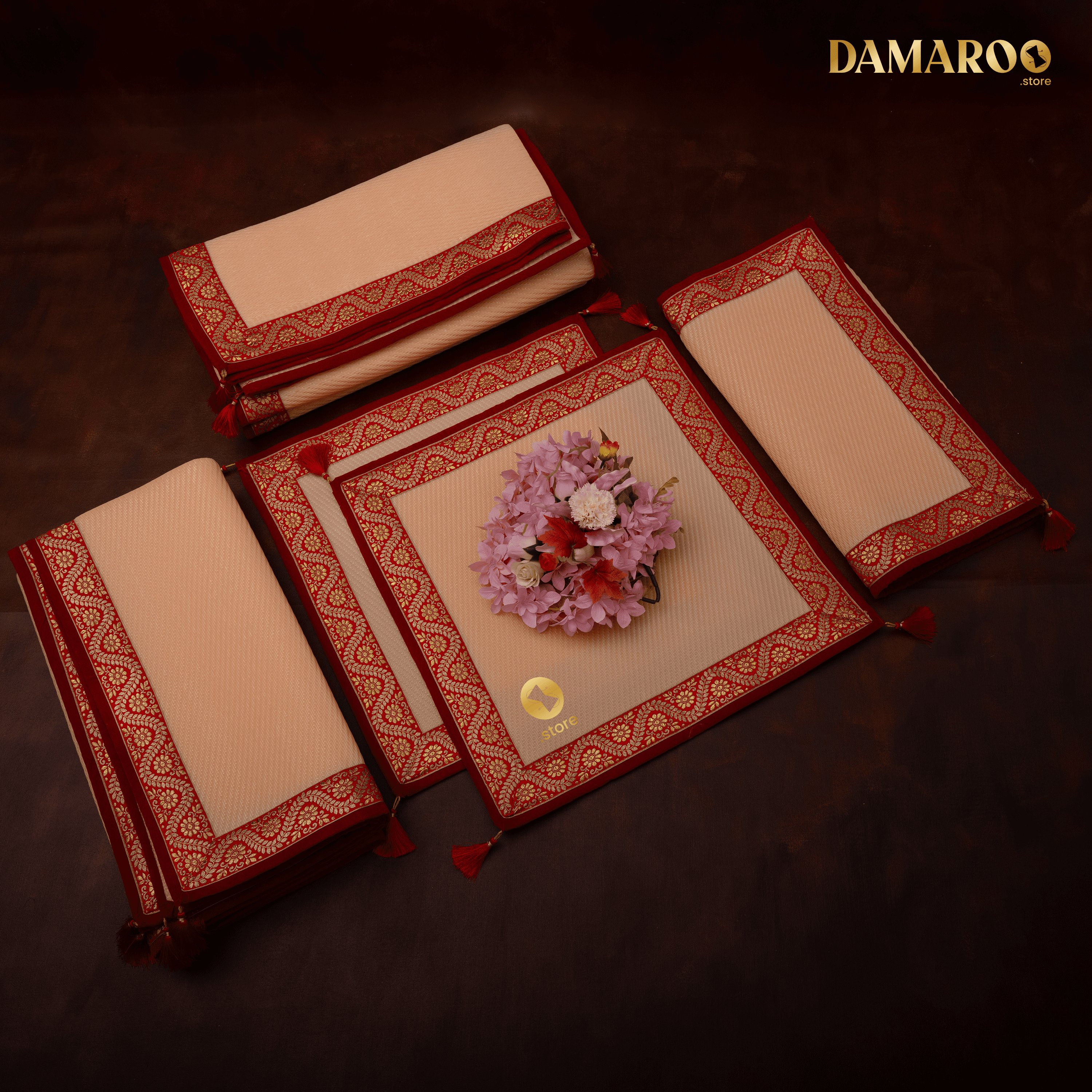 Damaroo Combo Pack of 5 | Graceful Nylon Pooja Aasan & Mat | Red & Subtle Golden Trim & Tassels - Peach - Distacart