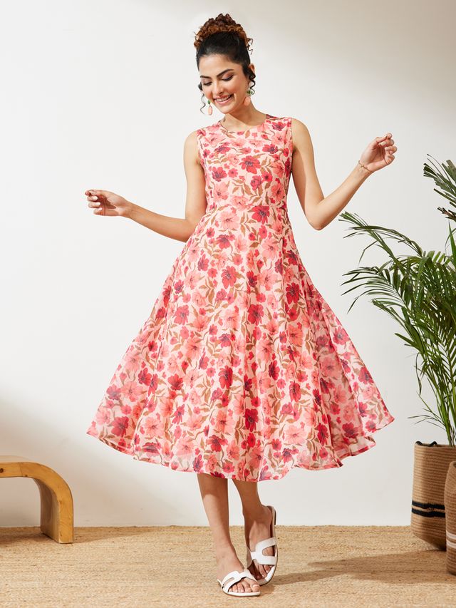 Janasya Peach Flared Georgette Dress - Dista