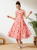 Janasya Peach Flared Georgette Dress - Dista