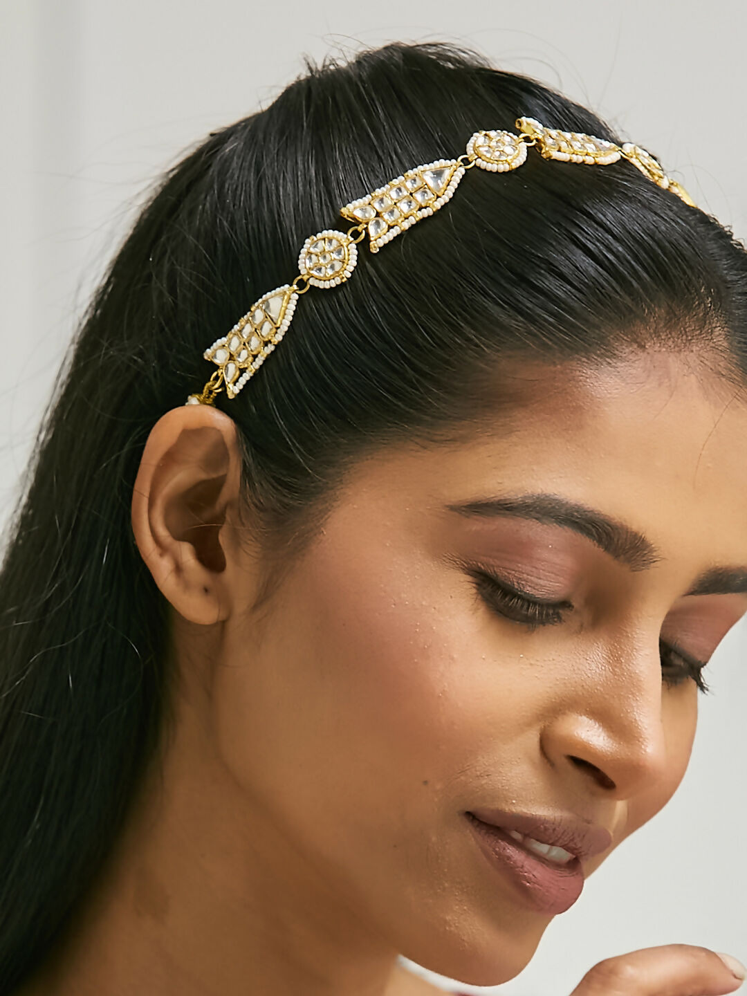 Nuyug 22K Gold-Plated Kundan & Pearls Studded Matha Patti with Regal Motifs Head Jewellery