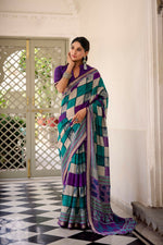 Thumbnail for Vastranavya Purple Viscose Chanderi Printed with Temple Border Saree & Unstitched Blouse - Distacart
