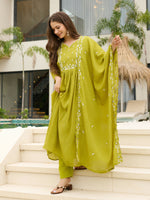 Thumbnail for The52 Lemons Women's Gorgeous Chinon Embroidered Flared Kurta with Pant And Dupatta Set - Distacart
