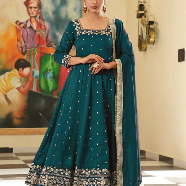 Teeya Creation Teal Color Pure Vichitra Silk Embroidery Work Party Wear Gown - Distacart