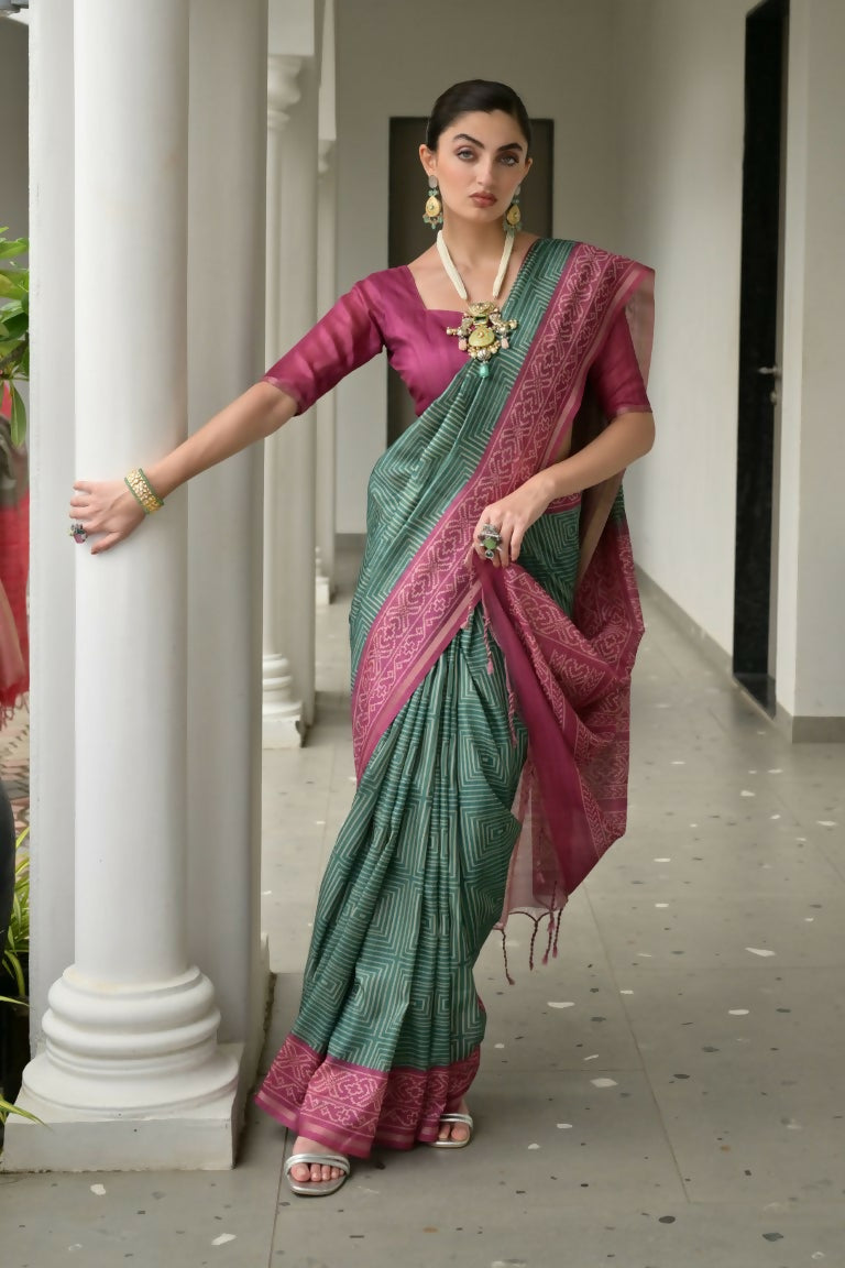 Vishnu Weaves Women's Wine Soft Tussar Silk Printed Saree with Blouse