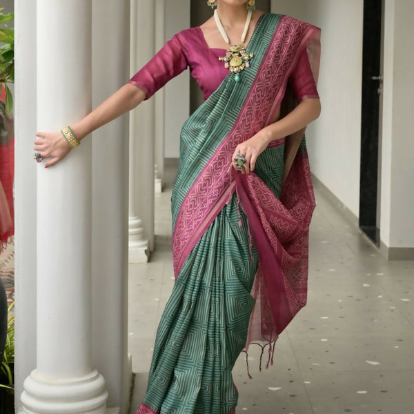 Vishnu Weaves Women's Wine Soft Tussar Silk Printed Saree with Blouse