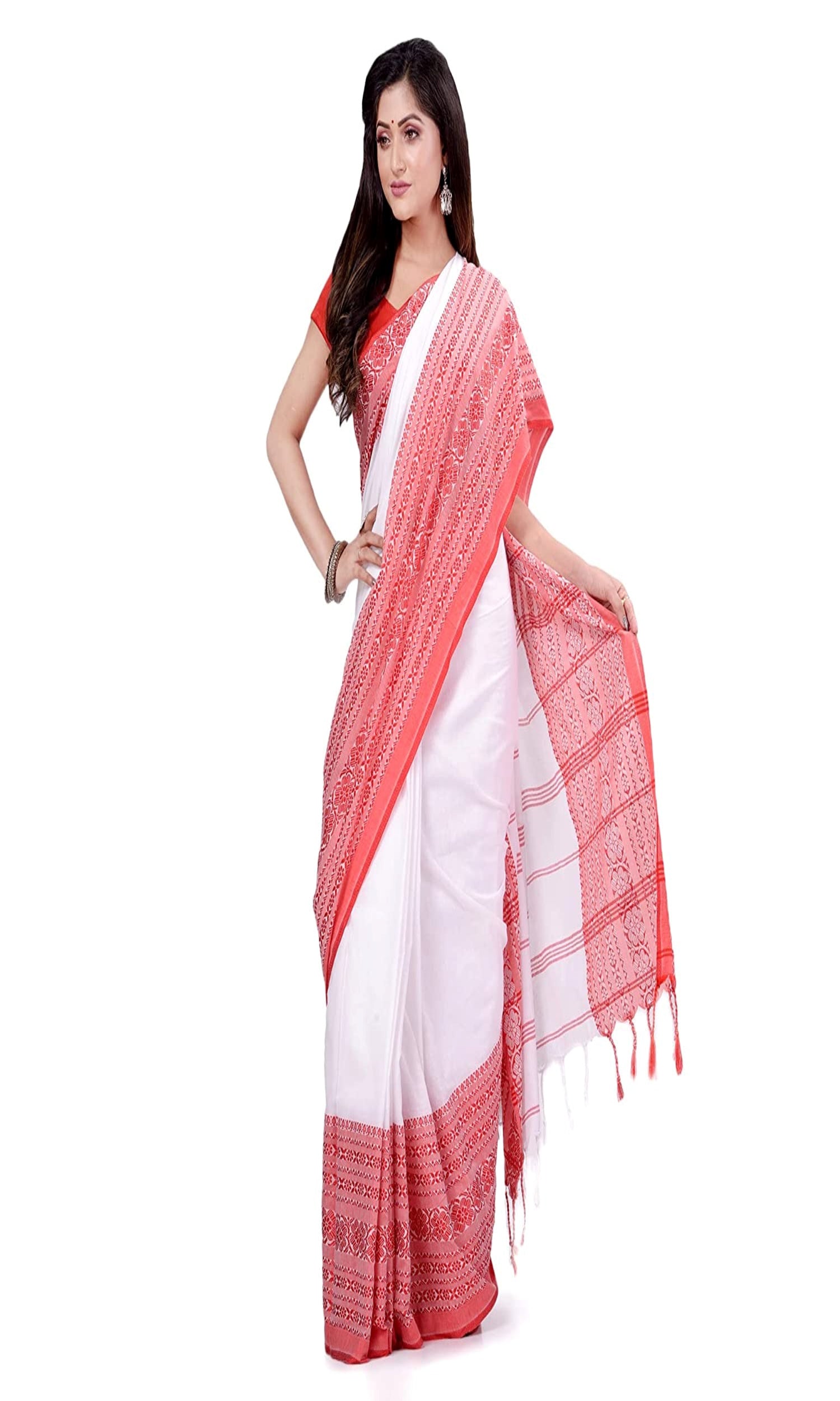 Piyari Fashion Handloom White Cotton Begampuri Saree