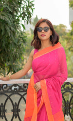 Thumbnail for Piyari Fashion Handloom Cotton Blend Rani Pink Sequin Saree