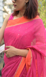 Thumbnail for Piyari Fashion Handloom Cotton Blend Rani Pink Sequin Saree