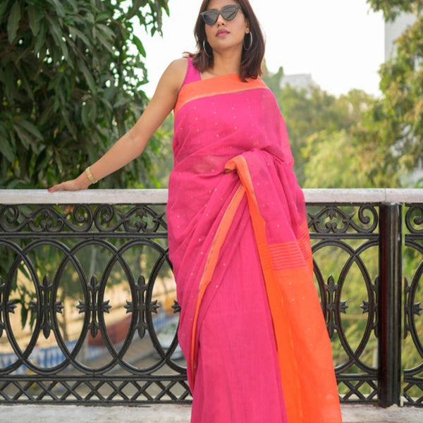Piyari Fashion Handloom Cotton Blend Rani Pink Sequin Saree