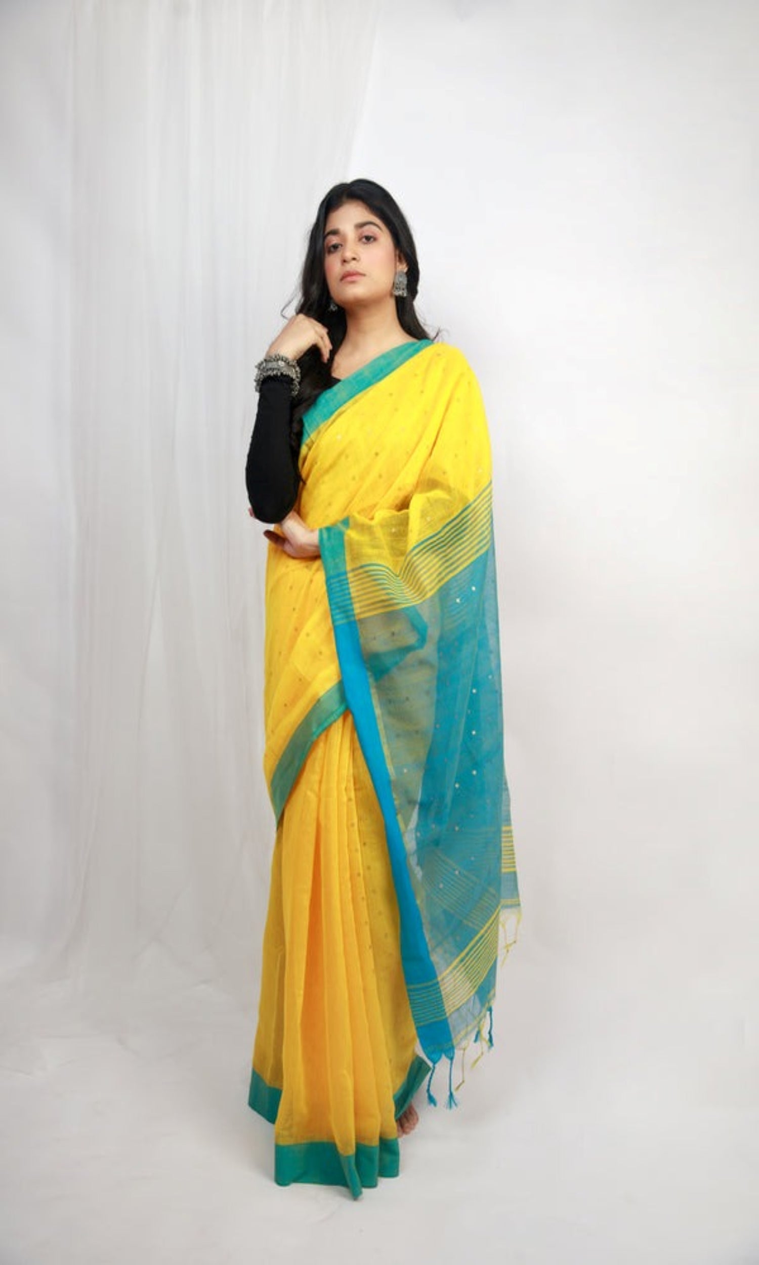 Piyari Fashion Handloom Cotton Blend Yellow Sequin Saree