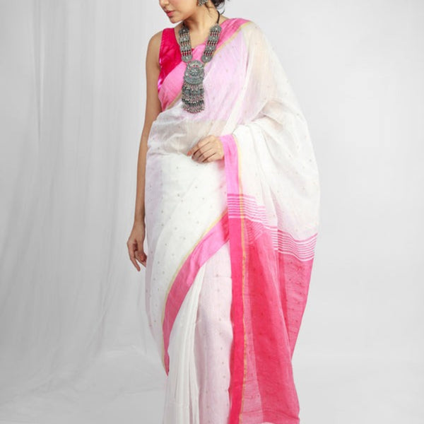 Piyari Fashion Handloom Cotton Blend White Sequin Saree - Distacart
