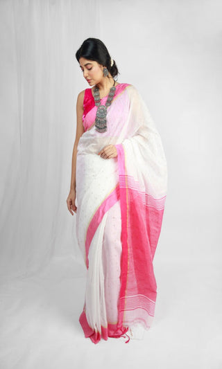 Piyari Fashion Handloom Cotton Blend White Sequin Saree