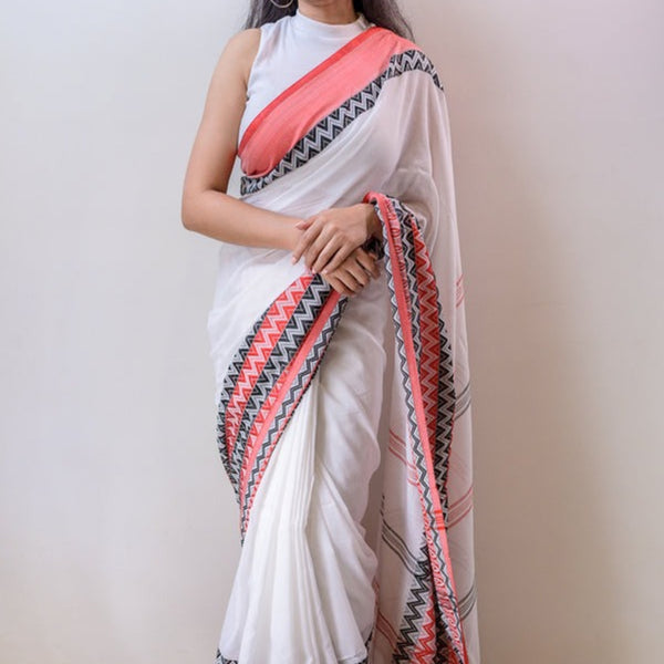 Piyari Fashion Handloom White Cotton Begampuri Saree - Distacart
