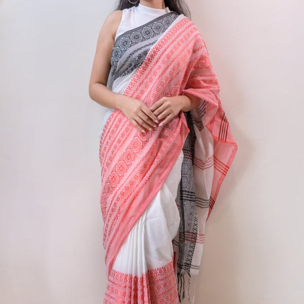 Piyari Fashion Handloom White Cotton Begampuri Saree
